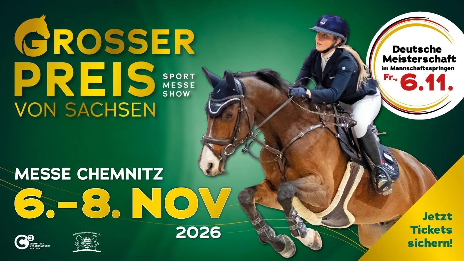 Veranstaltungsplakat Großer Preis von Sachsen, 6.–8. November 2026, Messe Chemnitz – zur Ticketseite